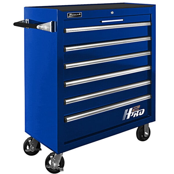 A blue Homak 6-drawer roller cabinet with wheels.
