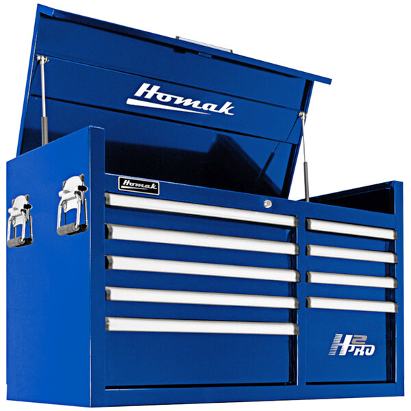 A blue Homak tool chest with white drawers and handles.