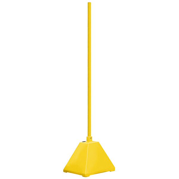 A yellow pyramid sign base with a steel pole on a white background.