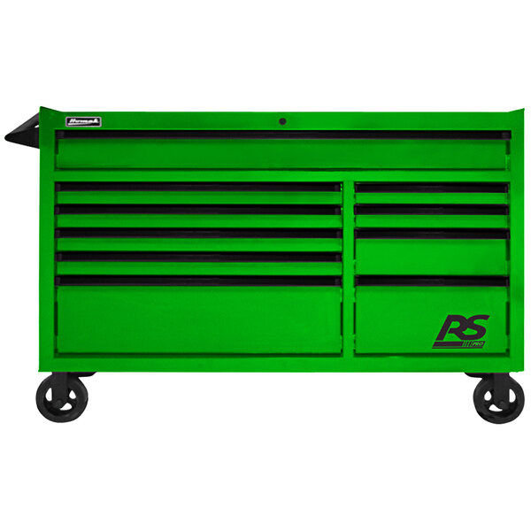 A lime green Homak roller cabinet for tools with black wheels.