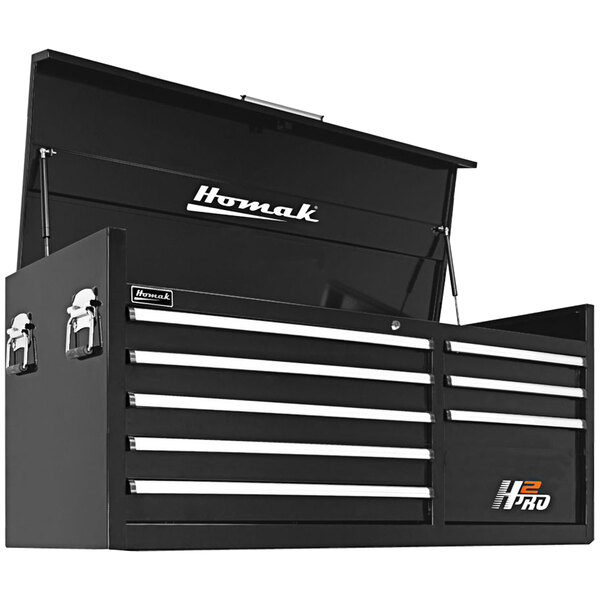 A black Homak H2Pro top chest with 8 drawers and white text on the front.