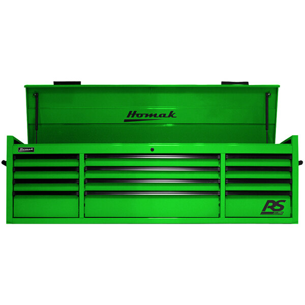A lime green Homak tool chest with twelve drawers and black handles.