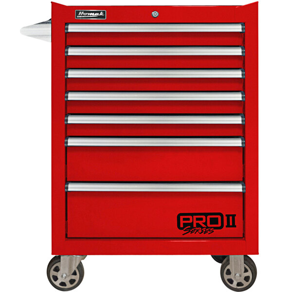 A red Homak Pro II tool cabinet with silver drawers and wheels.
