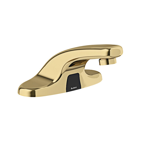 A Sloan polished brass faucet with a black sensor.