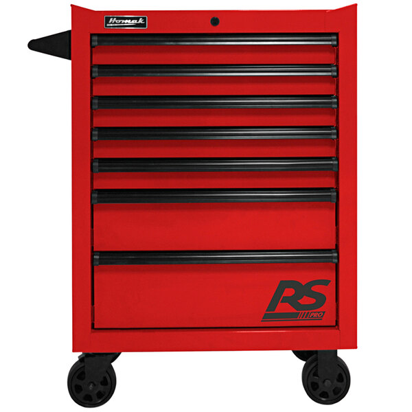 A red Homak roller cabinet with seven drawers and black handles.