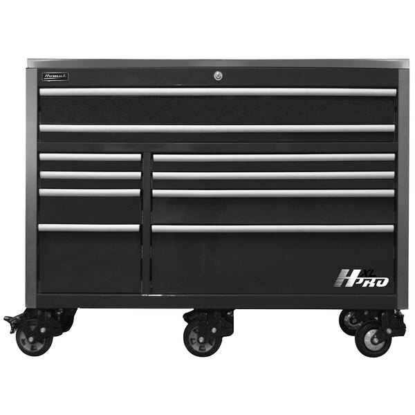 A black Homak tool cabinet with wheels.