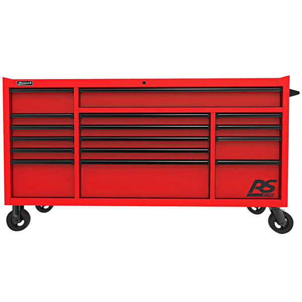 A red Homak roller cabinet tool box with black handles and wheels.
