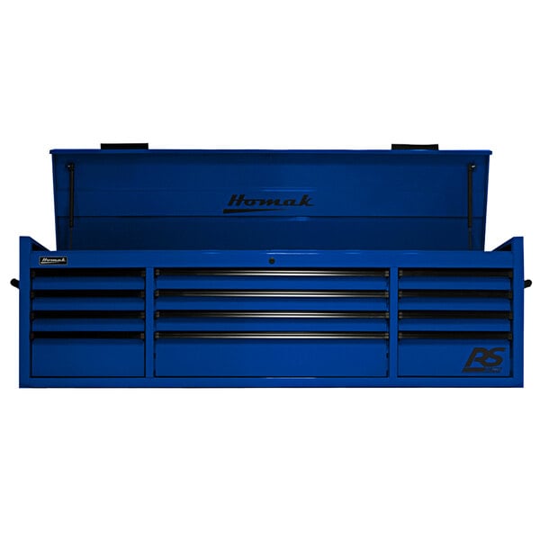 A blue Homak tool box with 12 drawers open.