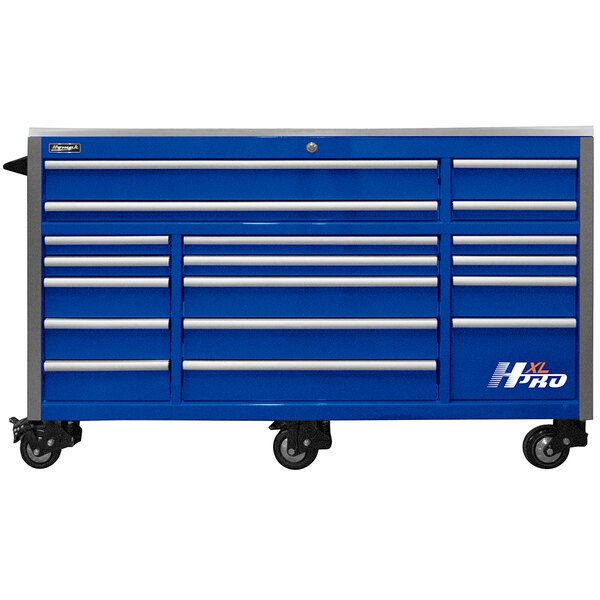 A blue Homak roller tool cabinet with silver handles and wheels.