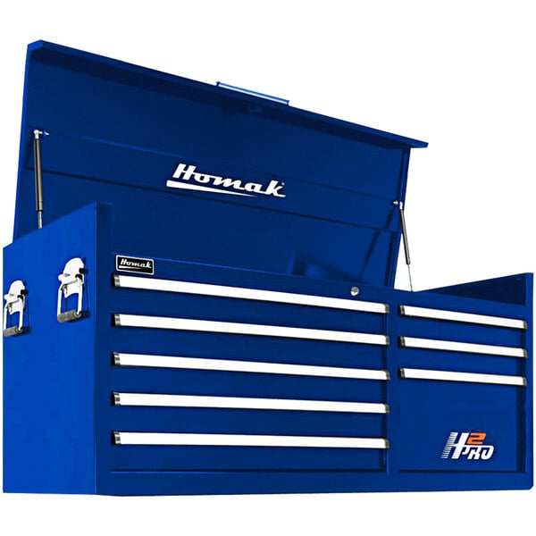 A blue Homak top chest with eight drawers and white lettering.