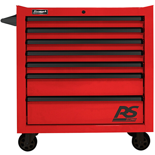 A red Homak roller cabinet with black handles and wheels.