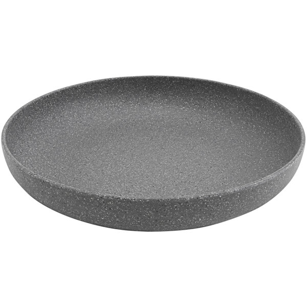 A cheforward round stone grey melamine bowl with a black rim.