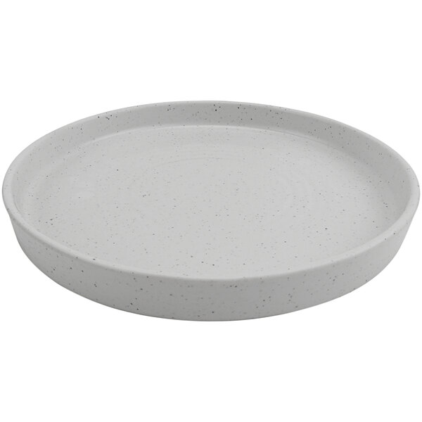 A white cheforward by GET melamine plate with speckled design.