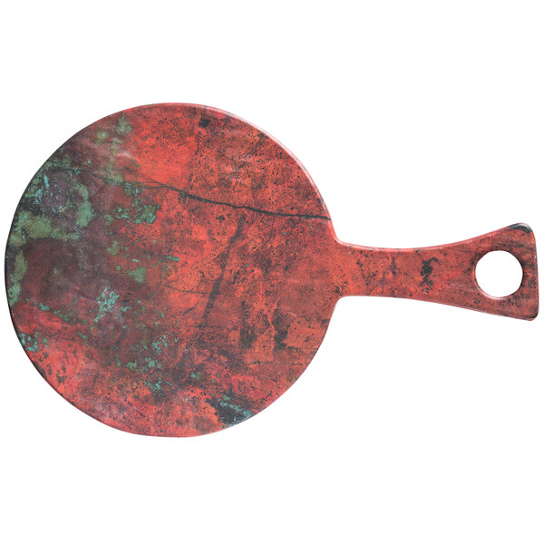 A red and green marbled Lapis serving board with a handle.