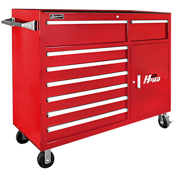 A red Homak roller cabinet with drawers and wheels.