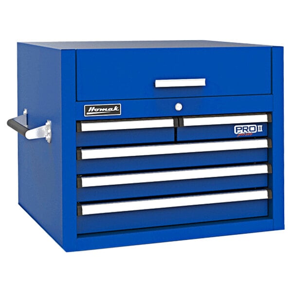 A blue Homak Pro II tool box with a black and white handle and five drawers.
