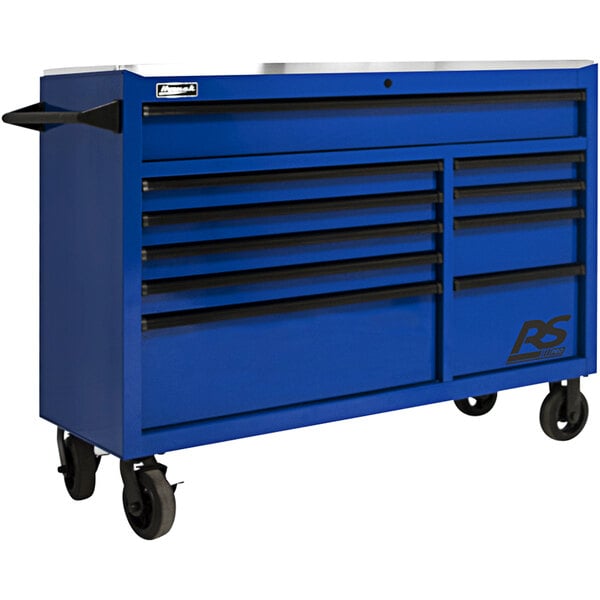 A blue Homak tool cabinet on wheels with stainless steel top and 10 drawers.