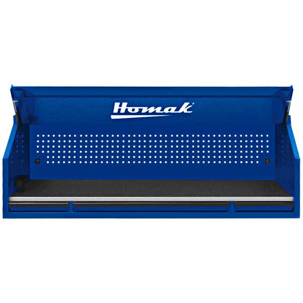 A blue and black Homak tool hutch with white text on a metal surface.