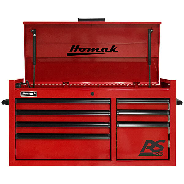 A red Homak tool chest with 7 drawers and a black logo.