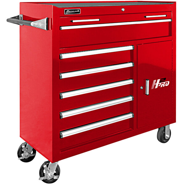 A red Homak roller cabinet with 6 drawers and 2 compartment drawers on wheels.