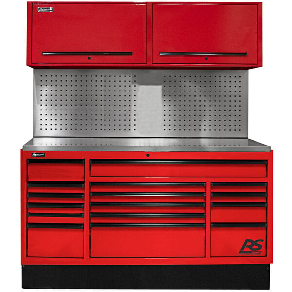 A red Homak tool cabinet with black handles and silver metal surfaces.