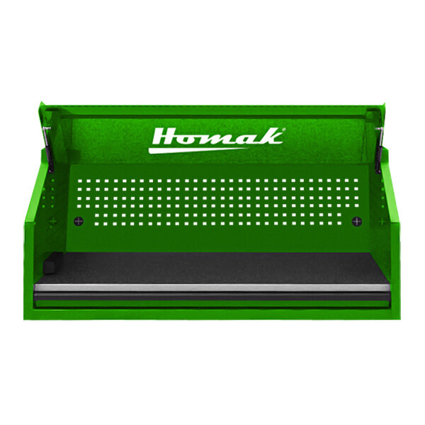A lime green Homak RS Pro tool box with white text on the front.