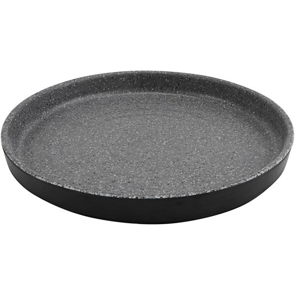 A black melamine plate with a stone grey rim.