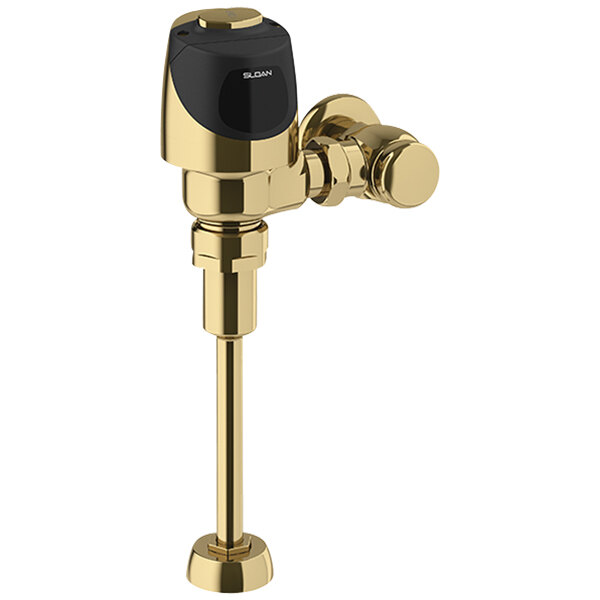 A Sloan polished brass urinal flushometer with a black sensor.
