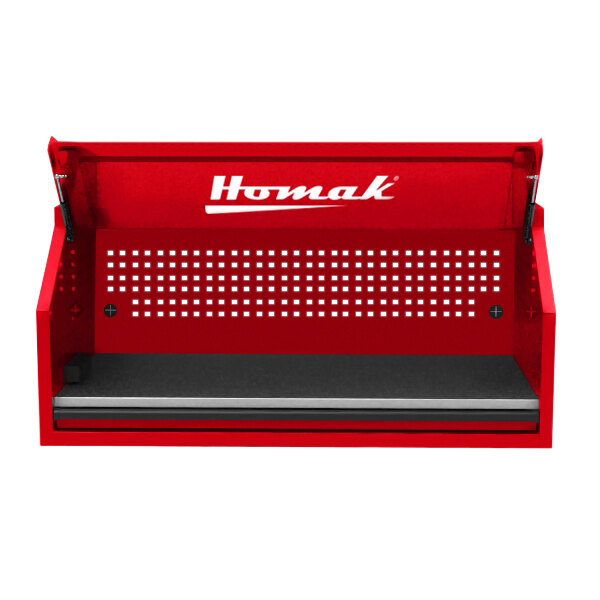 A red metal Homak tool hutch with white text on the front.