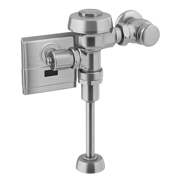 A close-up of a Sloan brushed nickel urinal flushometer with a metal handle.