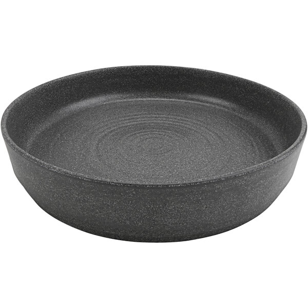 A grey cheforward melamine platter with a raised rim.