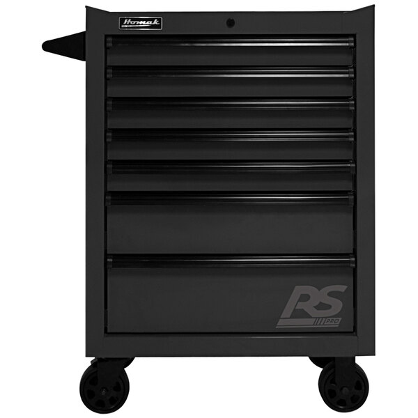A Homak black tool cabinet with drawers on wheels.