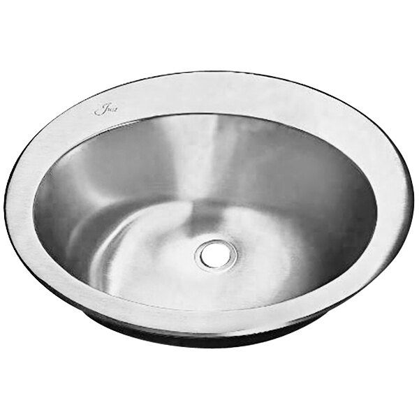 A silver stainless steel oval sink with a faucet ledge.