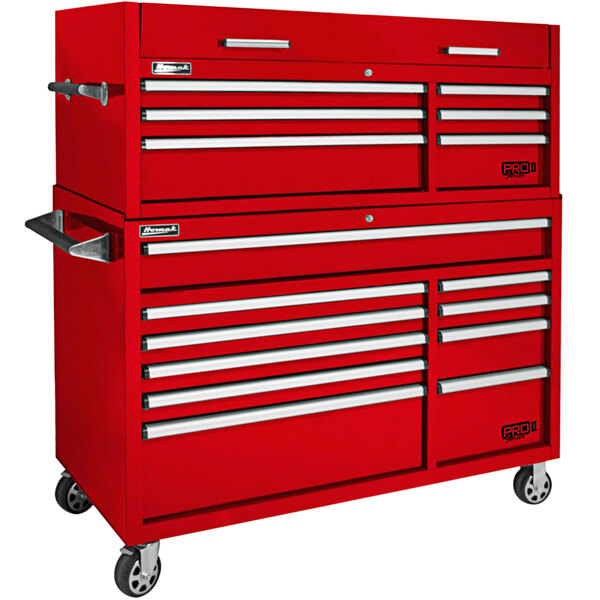 A red Homak Pro II 10-drawer roller cabinet with wheels.