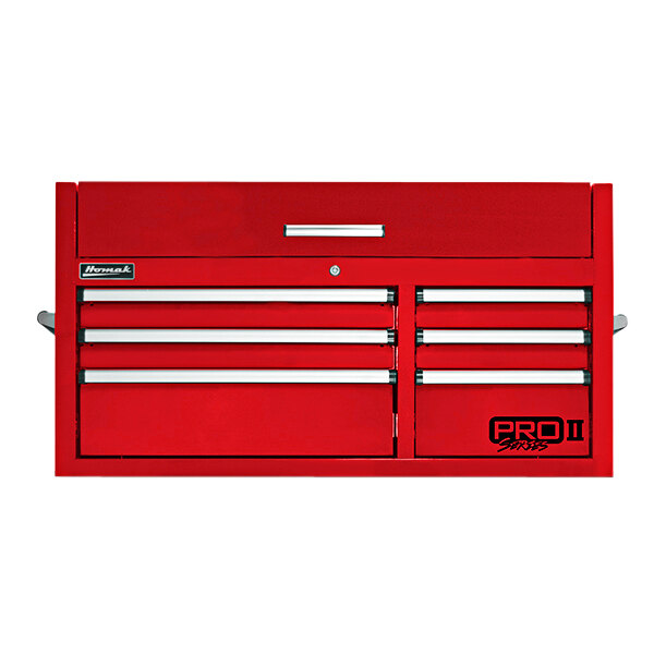 A red Homak Pro II tool chest with silver drawers and handles.