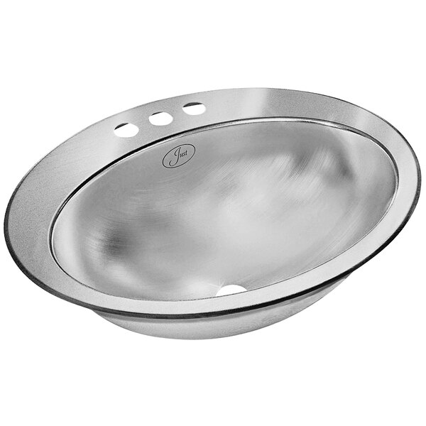 A silver stainless steel oval drop-in sink with three faucet holes.