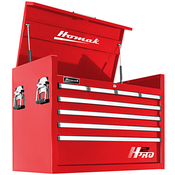 A red Homak tool chest with white text on the lid.