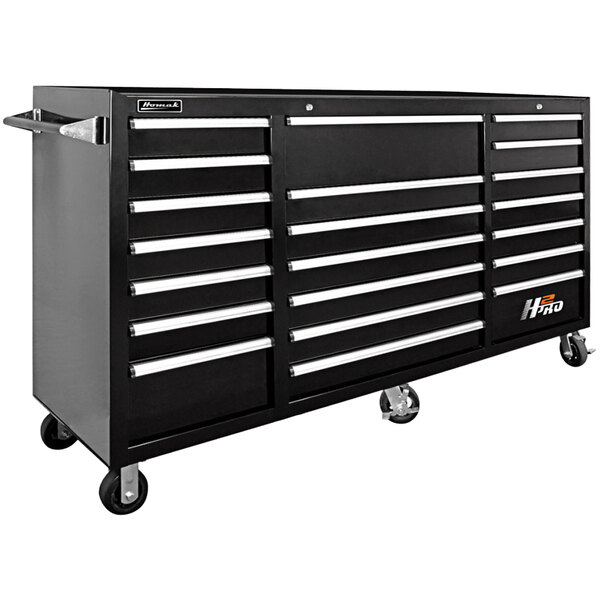 A black Homak tool cabinet with wheels.