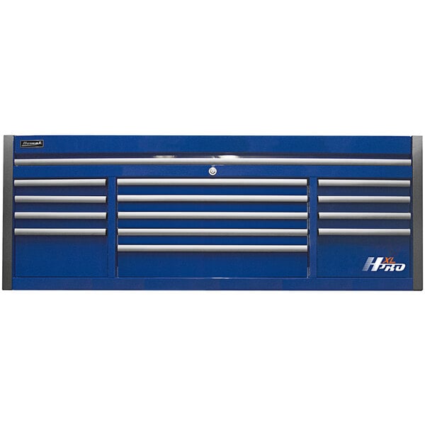 A close-up of a blue Homak tool box with silver drawers and handles.