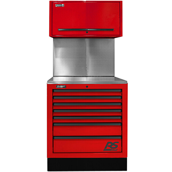 A red Homak tool cabinet with black handles on the drawers.