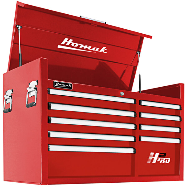 A red Homak tool chest with white drawers.
