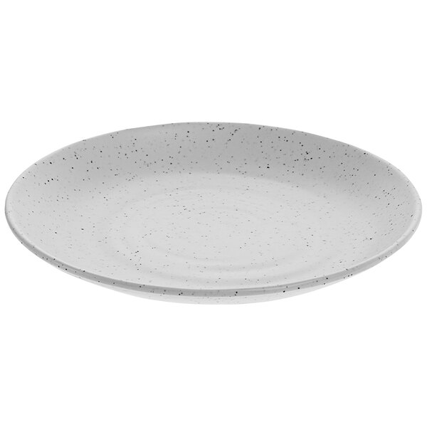 A white cheforward melamine plate with speckles on it.