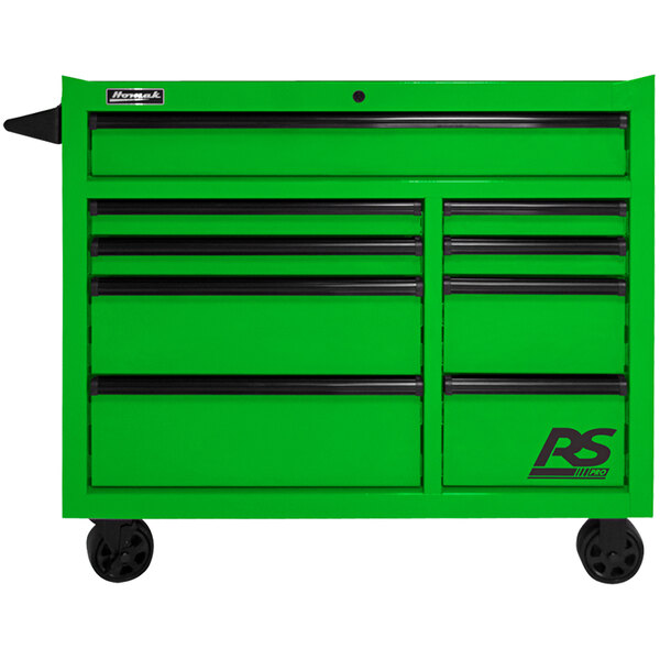 A lime green Homak roller cabinet for tools with black handles and wheels.