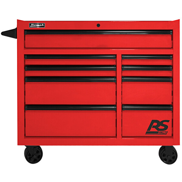 A red Homak roller cabinet with drawers and wheels.