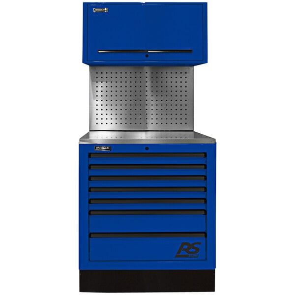 A blue Homak 7-drawer tool cabinet with a metal tool board.