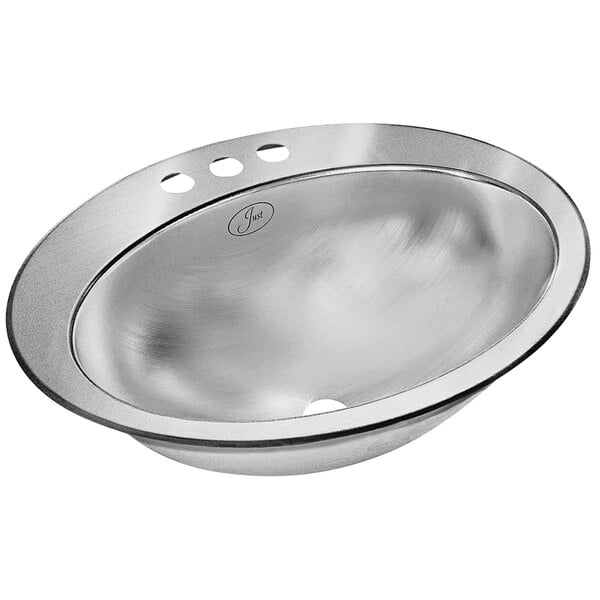 A silver stainless steel oval ADA bathroom sink with faucet holes.