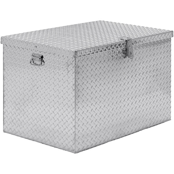 An aluminum Vestil toolbox with a diamond plate pattern on the front.