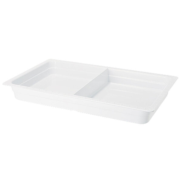 A white melamine food pan with a divider creating two compartments.