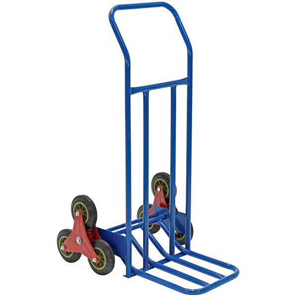 A blue Vestil steel stair hand truck with red wheels.