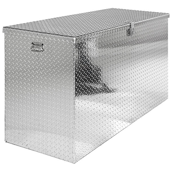 A silver aluminum Vestil toolbox with a diamond plate lid.